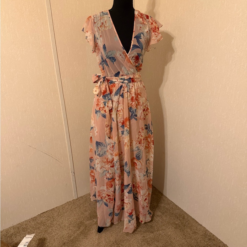 Elegant Floral Maxi Dress in Pink and Blue